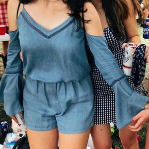 Denim color romper with bell sleeves